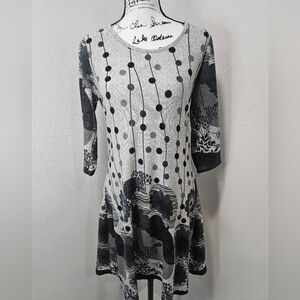 Women’s Reborn A-line Gray Black Dress Size Large  Floral Polka Dot  3/4 Sleeve